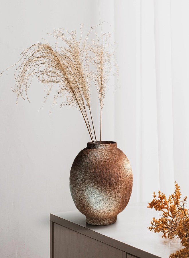 GeLive Round Hammered Finish Rustic Pottery Vase, Handmade Ceramic Flower Vase for Home Decor, Farmhouse Centerpiece Moon Jar Vase (Brown, 7inch) - Image 1